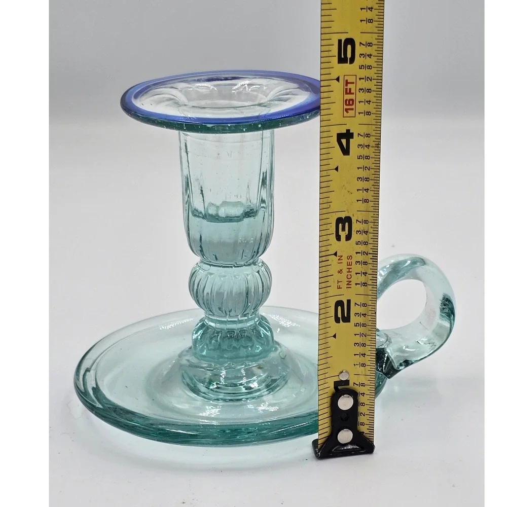 Vintage Rare Vetreria Etrusca Green Glass Chamberstick Taper Holder Blue Rim